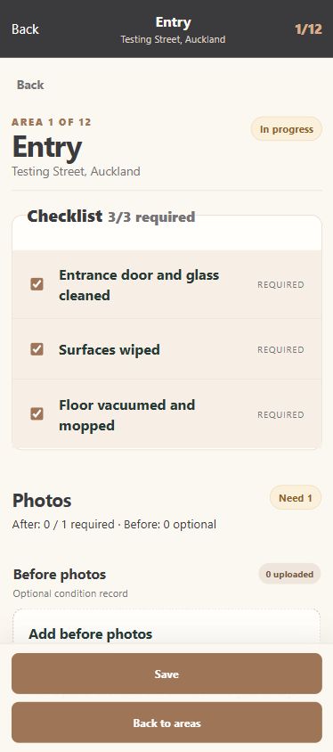 Actual Entry room checklist with three required items checked in a test record